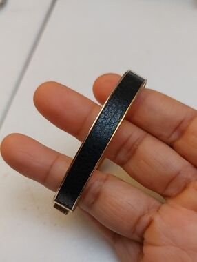 LOFT Black Leather Inlay Gold Tone Hinged Bangle Bracelet